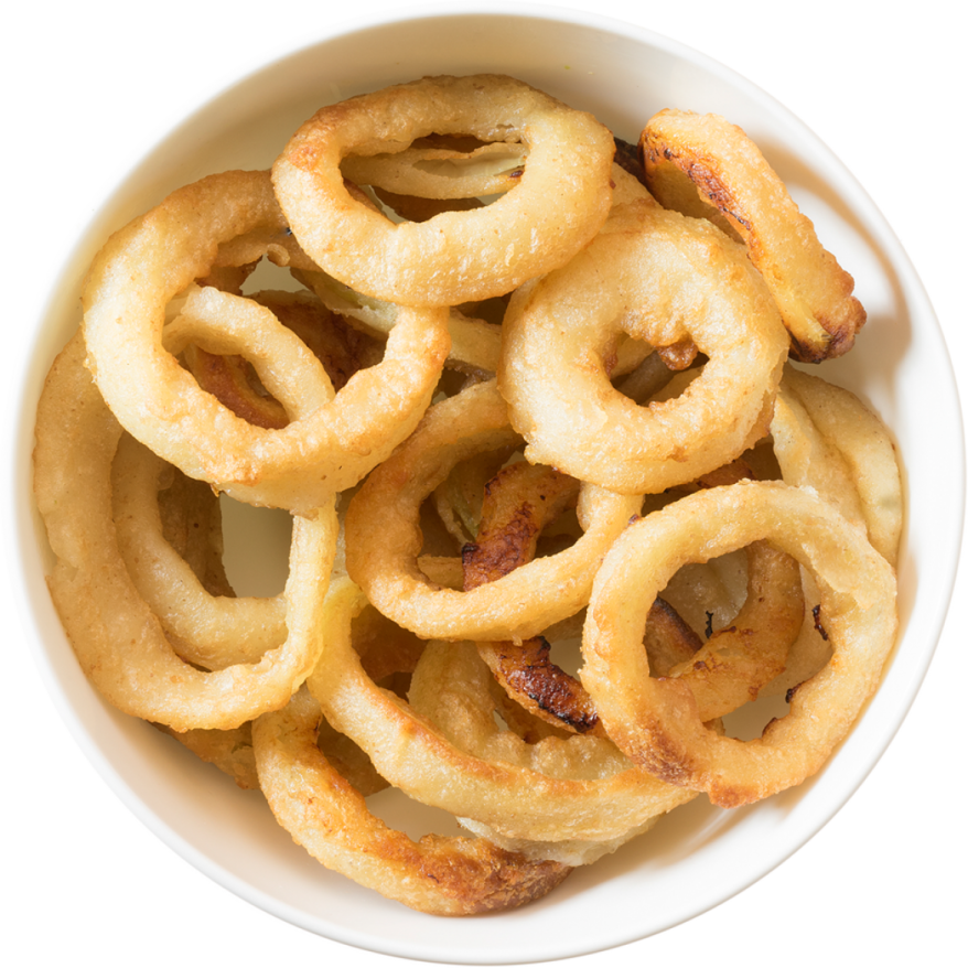 a bowl of onion rings on a white background