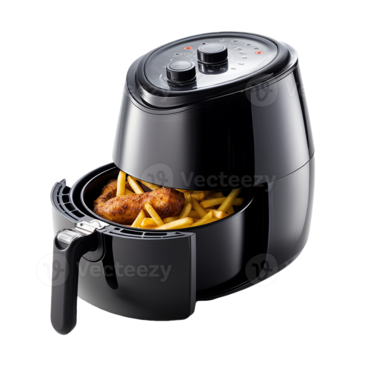 a black air fryer with french fries in it
