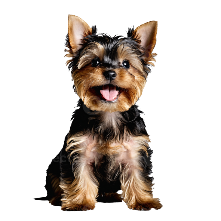 a small black and brown dog sitting on a white background