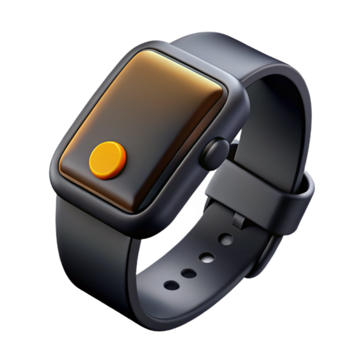 a black smart watch with an orange button