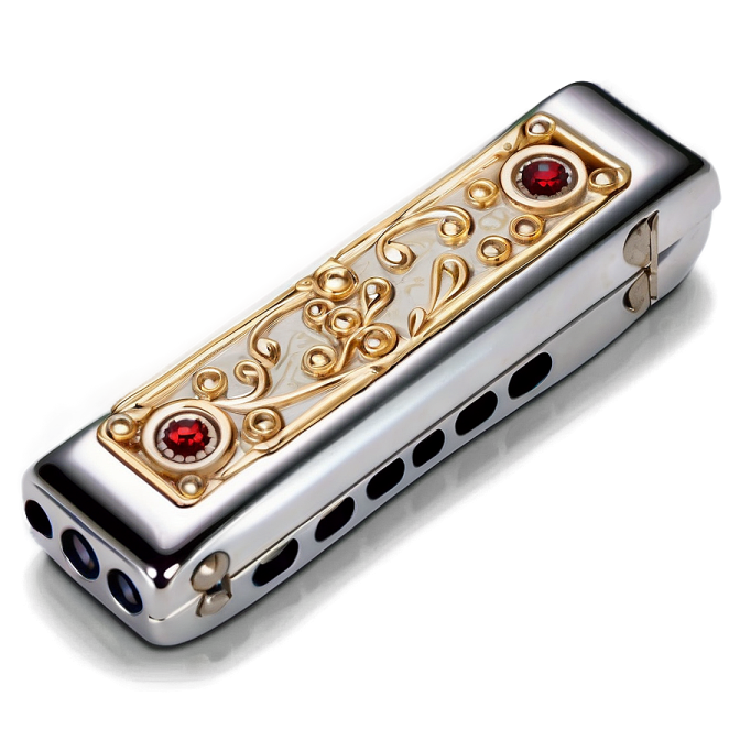 a harmonica with a red stone in the middle
