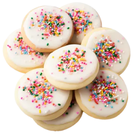 a pile of white frosted sugar cookies with spils