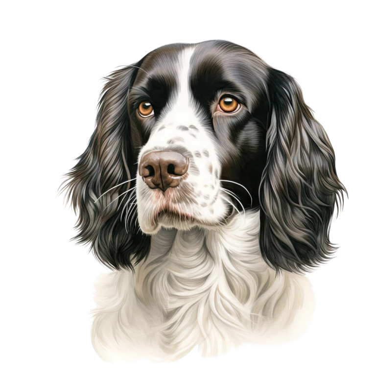 a black and white dog with brown eyes