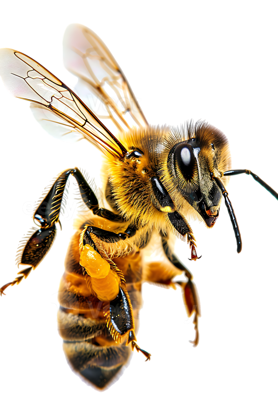 a close up of a bee on a white background