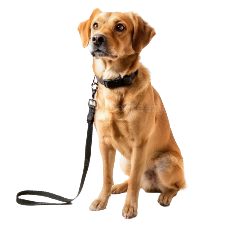 a small brown dog with a black leash