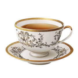 a cup and saucer with gold trimmings