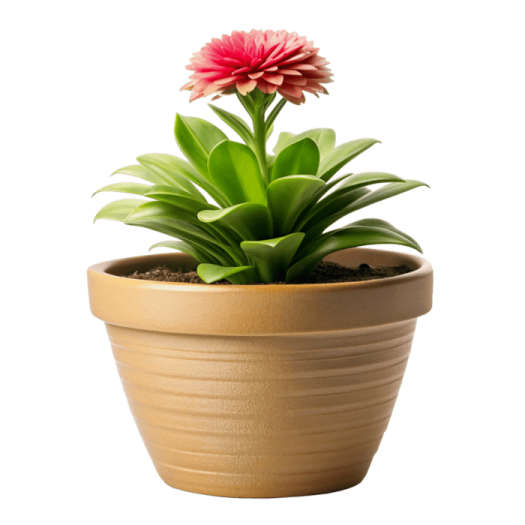 a pink flower sitting in a brown pot
