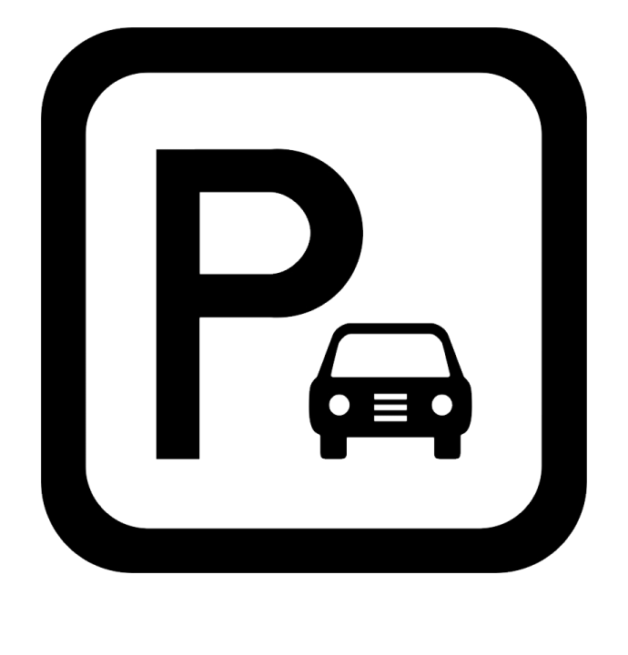 a black and white parking sign with a car