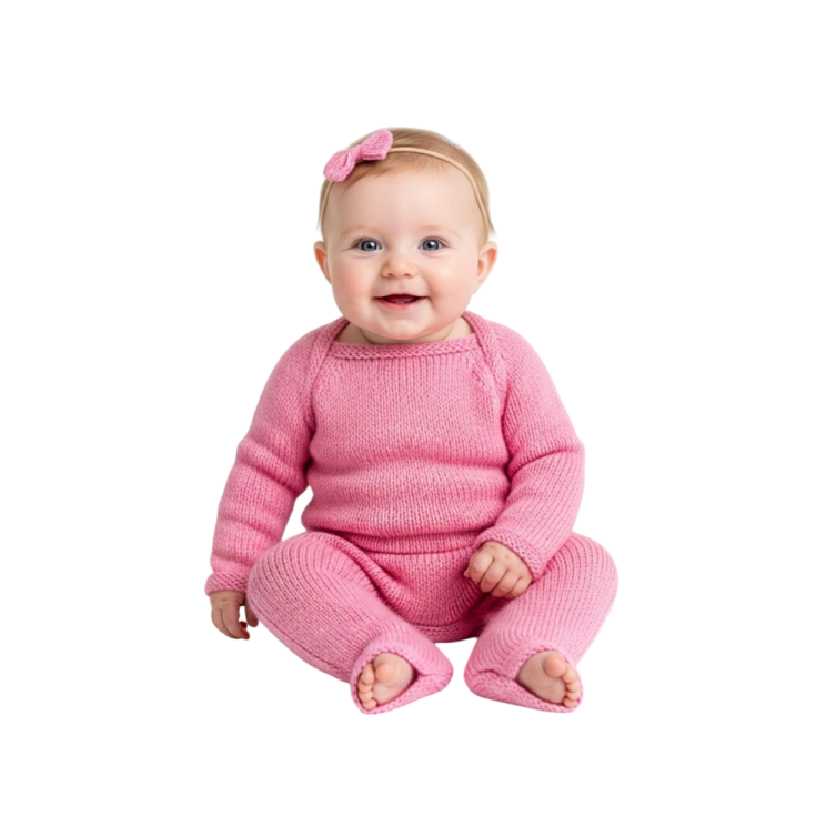 a baby sitting on the floor wearing a pink sweater