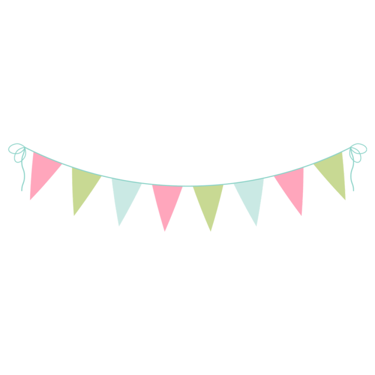 a pink, green and blue bunting banner on a white background