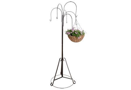 a plant stand with a basket on it