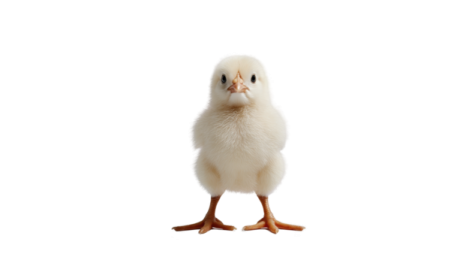 a small white chicken standing in front of a white background