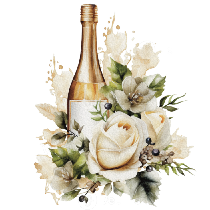 a bottle of champagne with flowers and leaves