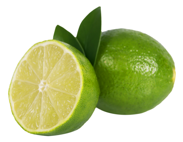 two limes with leaves on a white background