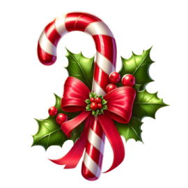 a candy cane with holly and red bow