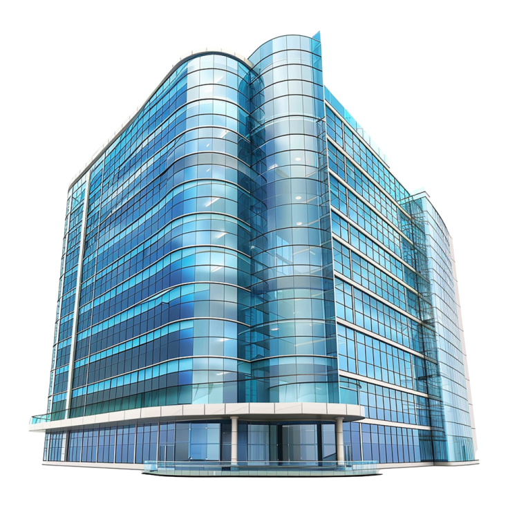 an office building with glass windows on a white background