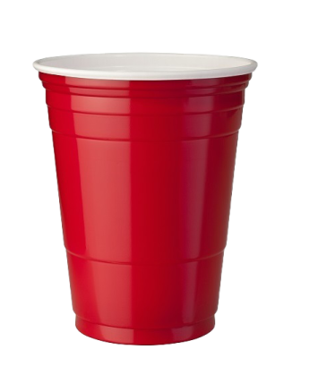 a red plastic cup with white lid