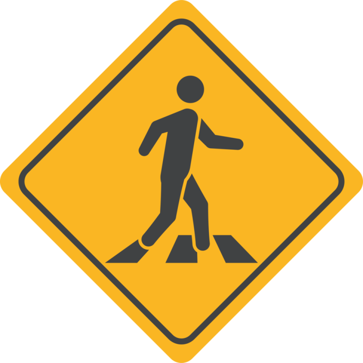 a yellow pedestrian sign with a man walking on it