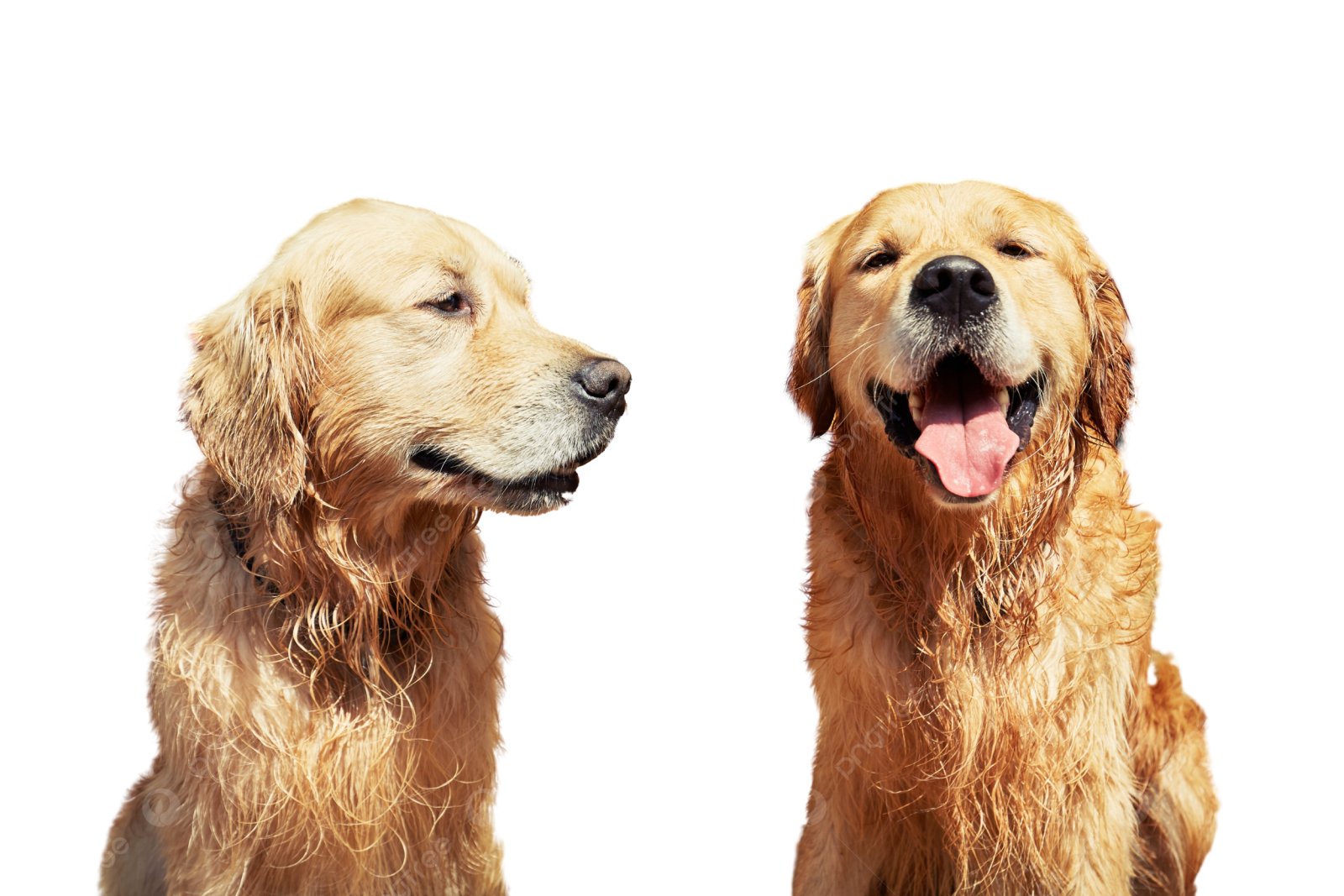 two golden retrieves sitting side by side