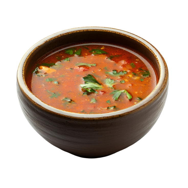 a bowl of soup on a white background