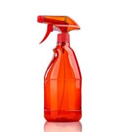 an orange spray bottle with a red trigger on it