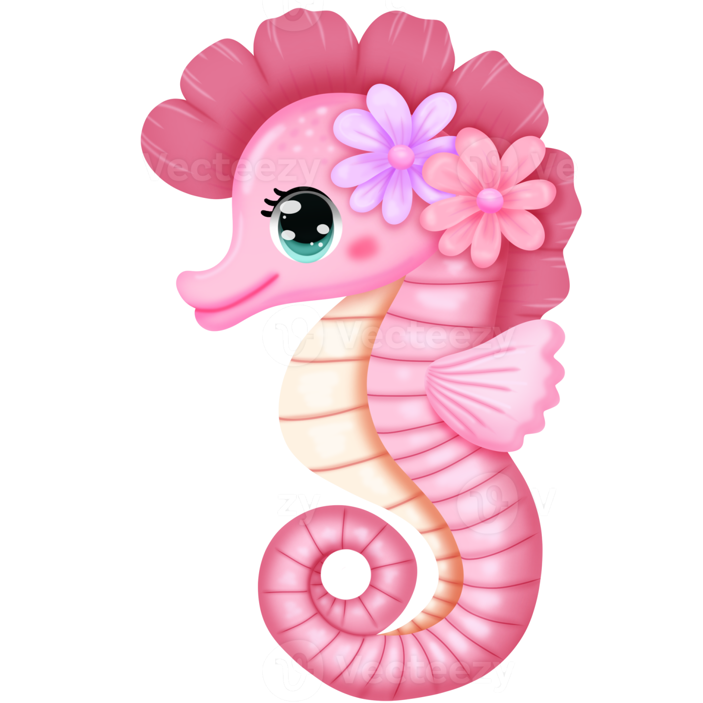 a pink seahorse with a flower in her hair