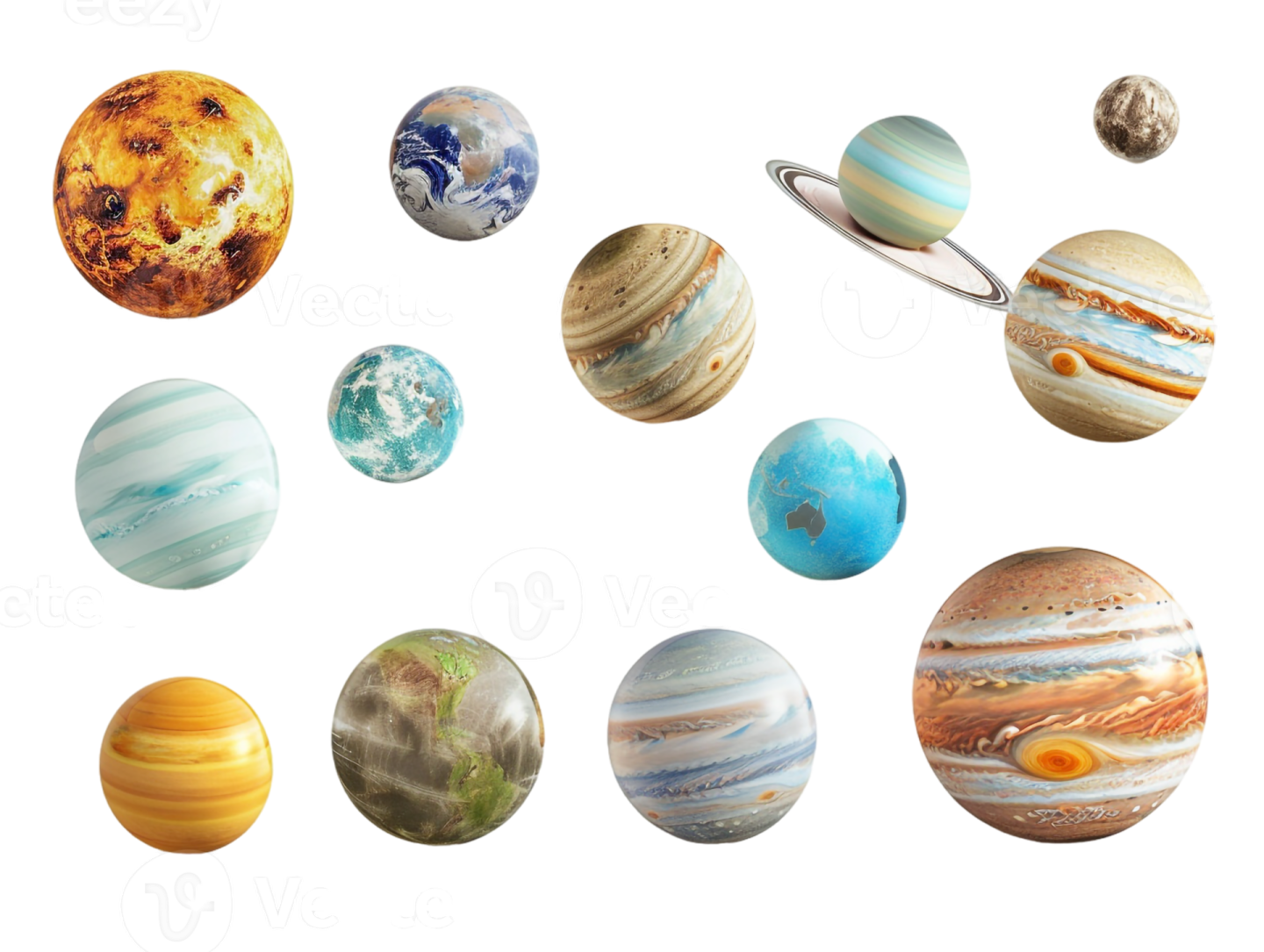 a collection of planets on a white background