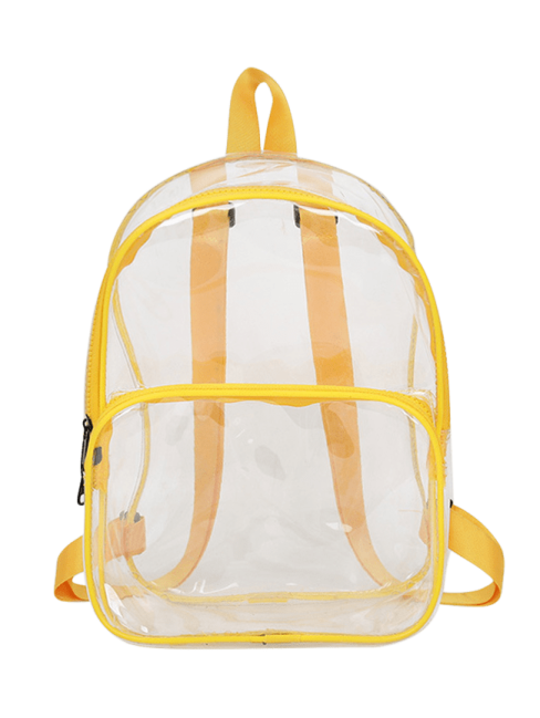 a clear backpack with yellow straps