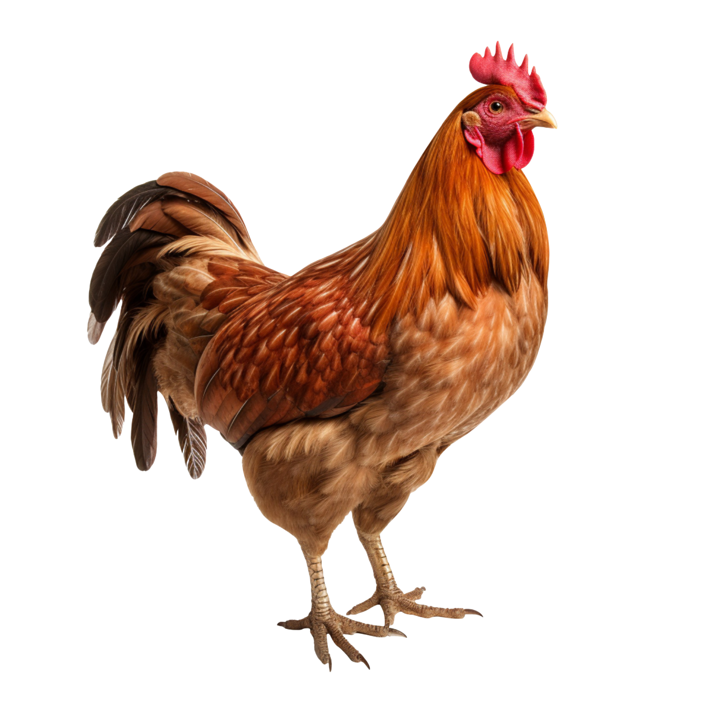 a rooster with a red comb on its head