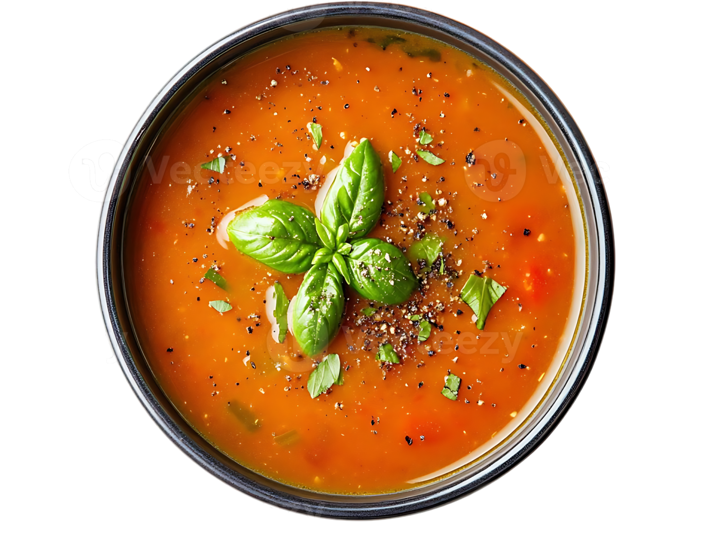 a bowl of tomato soup with basil on top