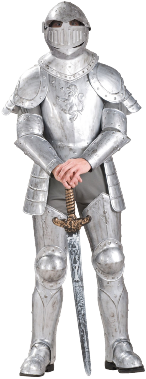 a man dressed as a knight holding a sword