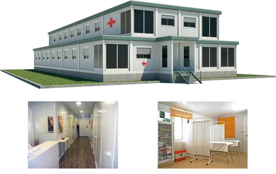two pictures of a hospital room and an office