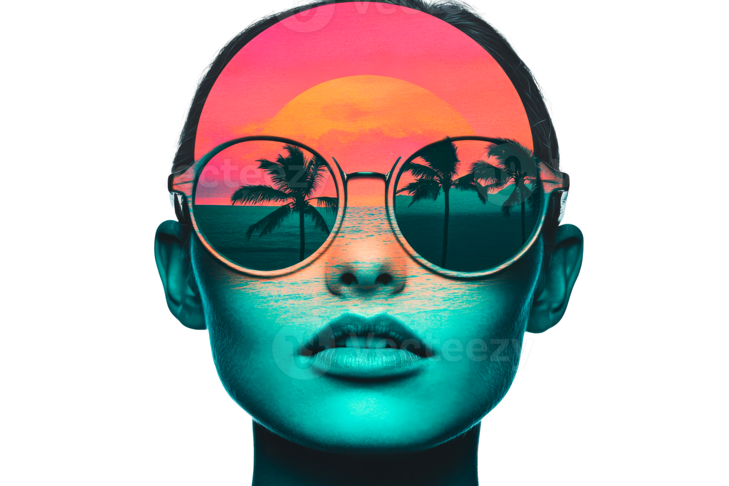 a man with sunglasses and palm trees in the background