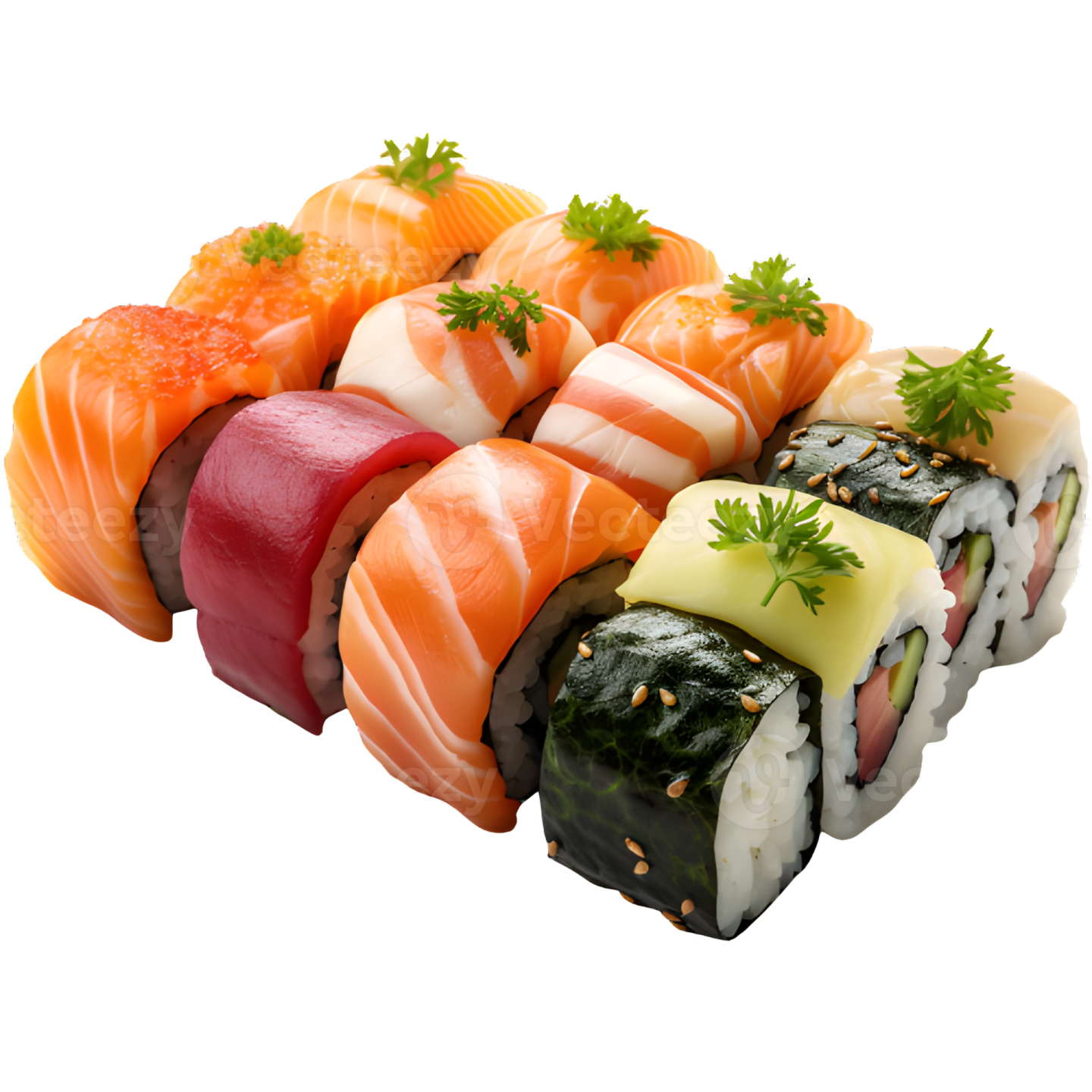 a close up of a sui roll on a white background