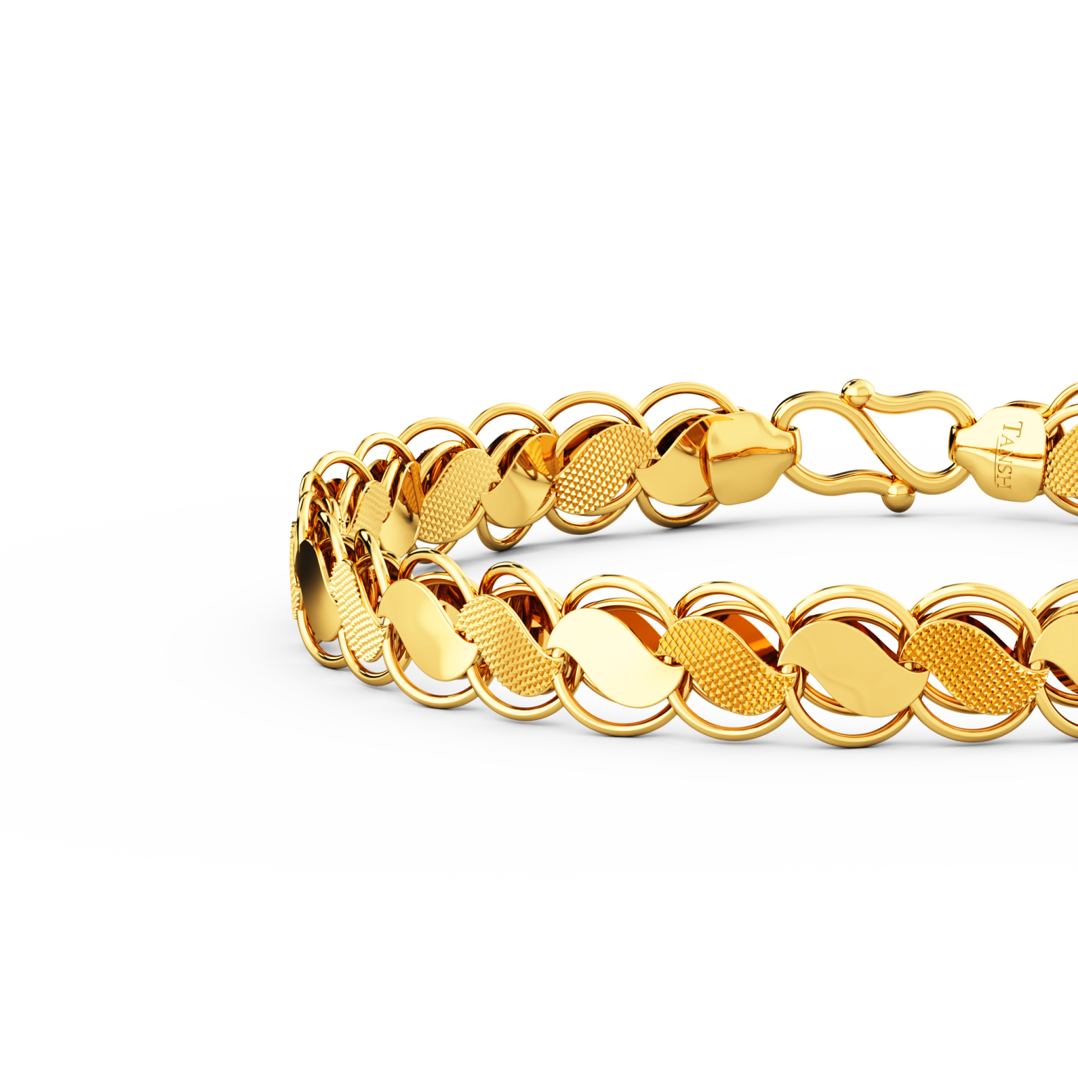 a gold bracelet on a white background