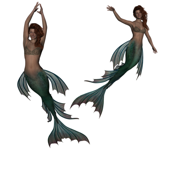 two mermaids, one in green and the other in black