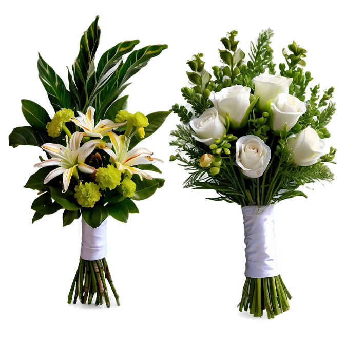 two bouquets of white and green flowers