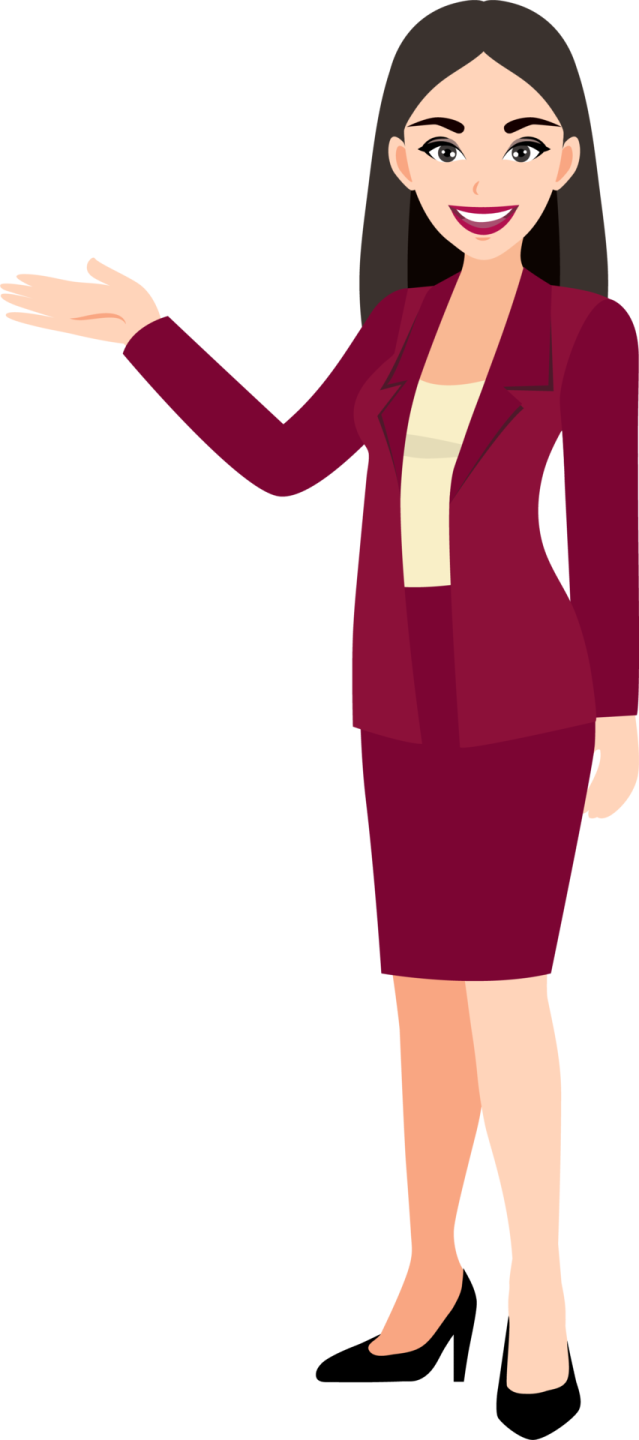 a woman in a business suit with her hand out