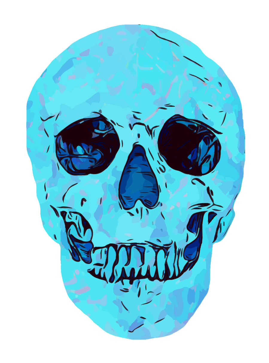 a blue skull with black eyes