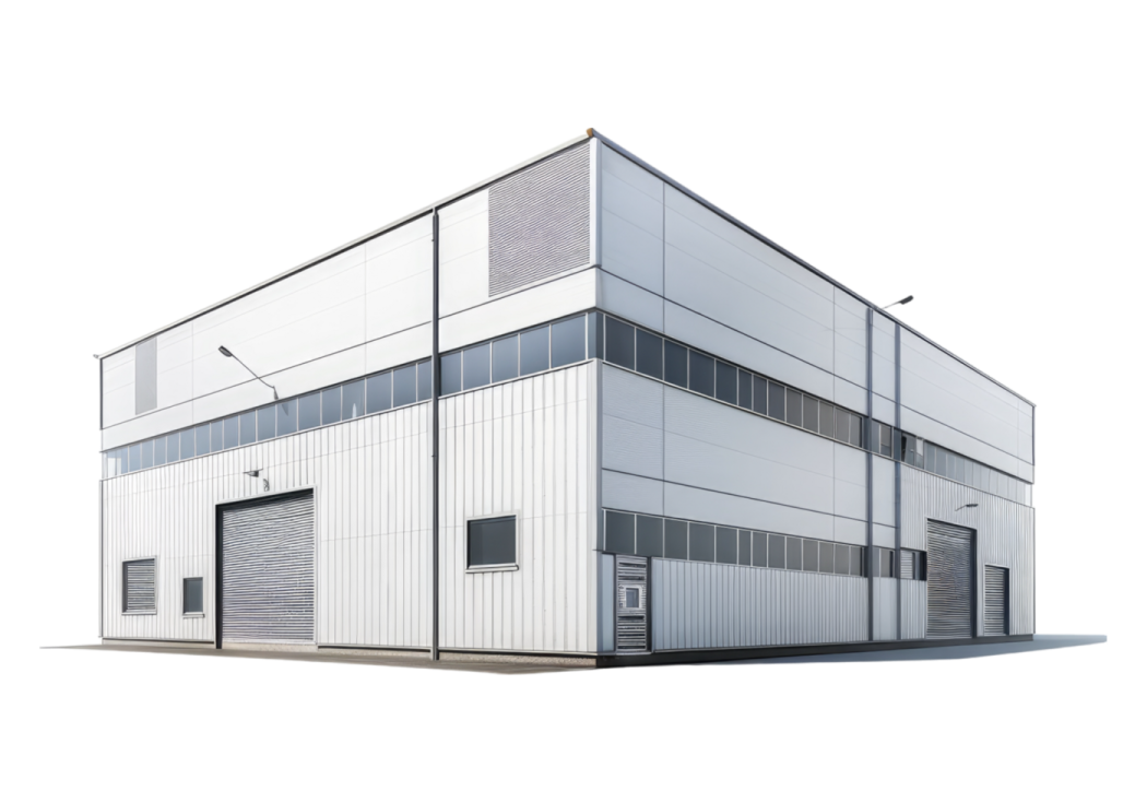 an industrial building with white walls and windows