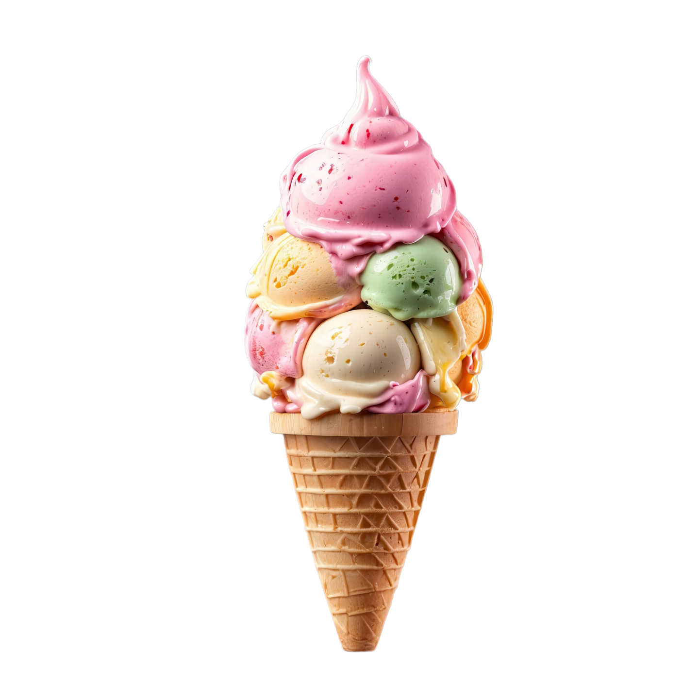 three scoops of ice cream in a cone on a white background