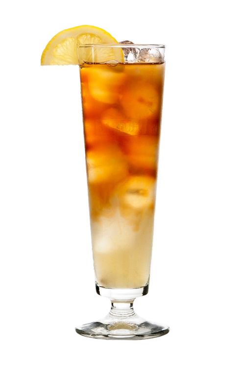 a tall glass filled with ice and a lemon slice