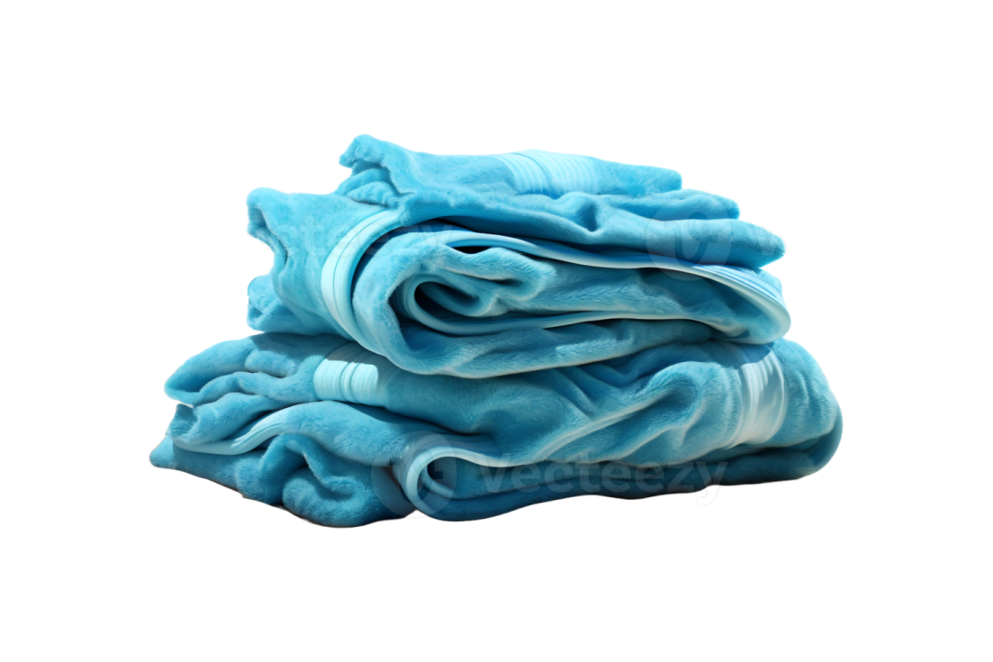 a pile of blue towels on a white background