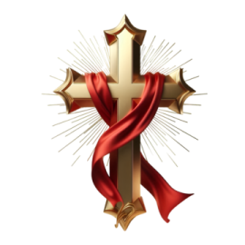 a cross with a red ribbon around it