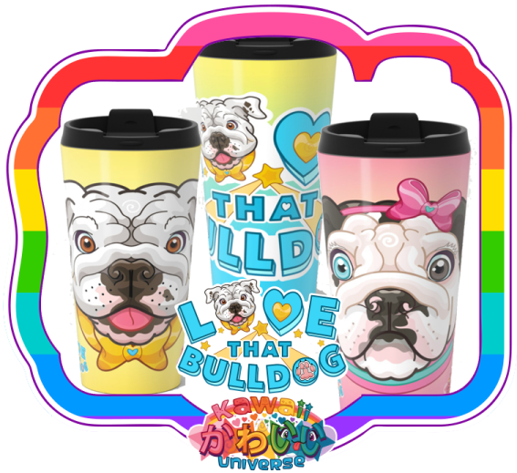 three colorful mugs with dogs and hearts on them