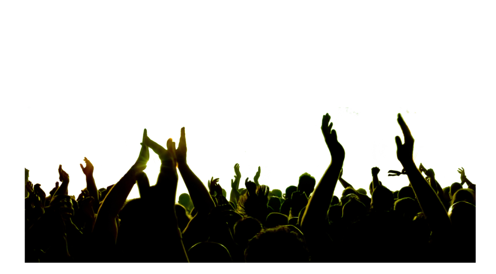 a crowd of people with their hands in the air