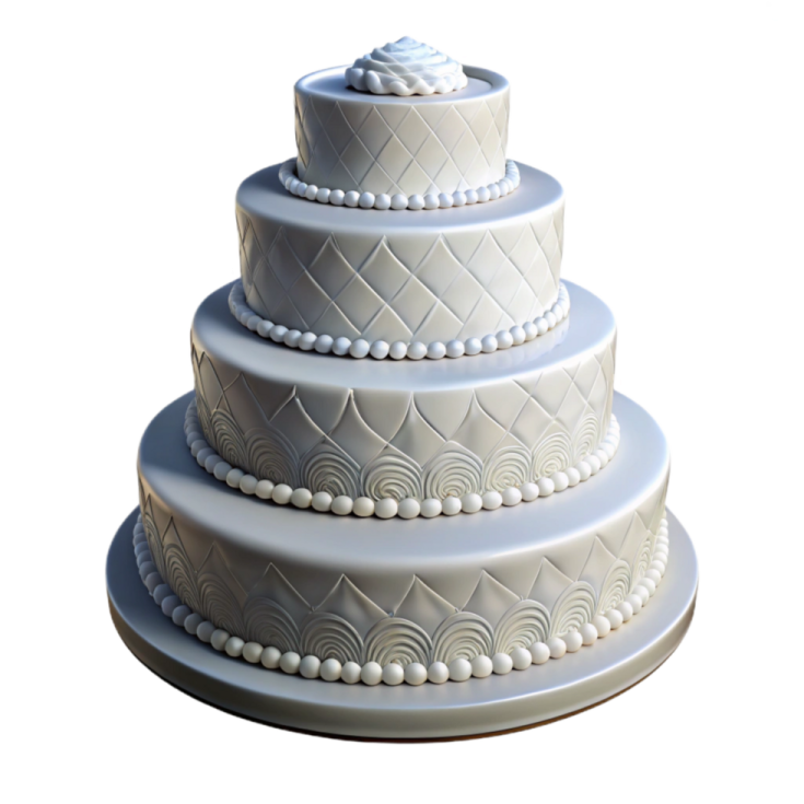 a white wedding cake with pearls on top