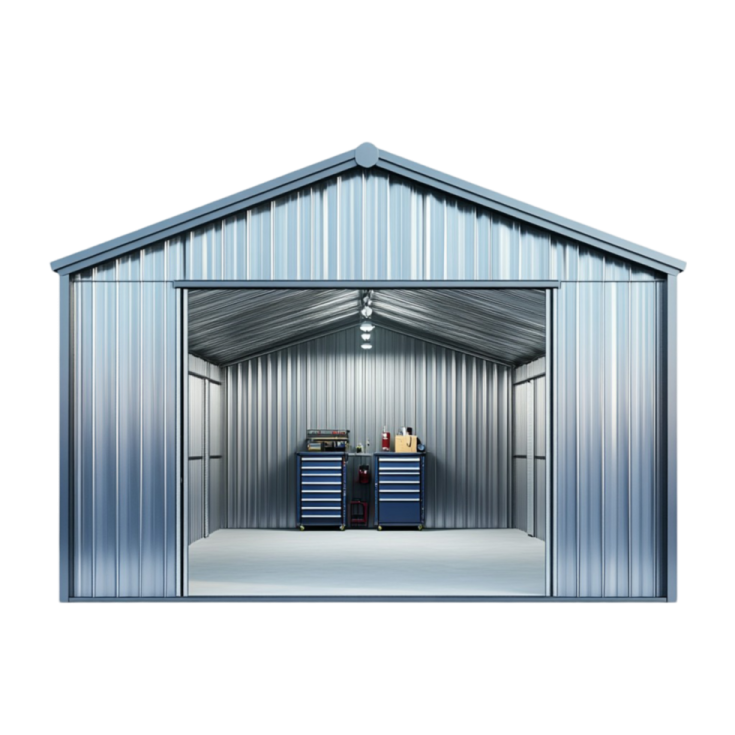 a metal garage with the door open