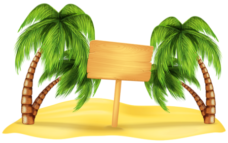 a palm tree with a wooden sign on the beach