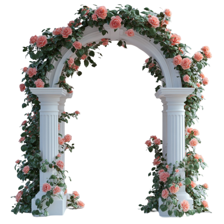 a white arch with pink roses on it